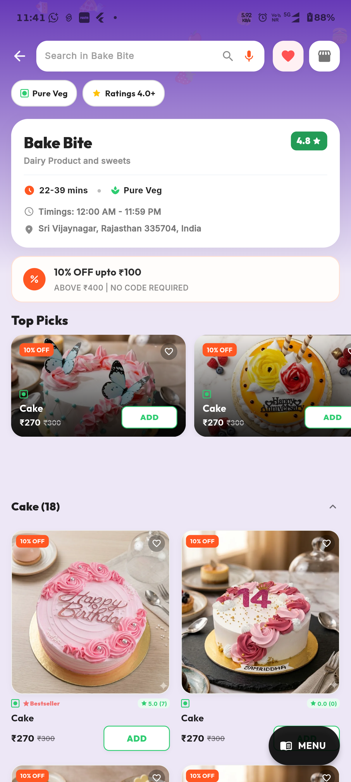 Swadi App Online Food Cart and Checkout Details